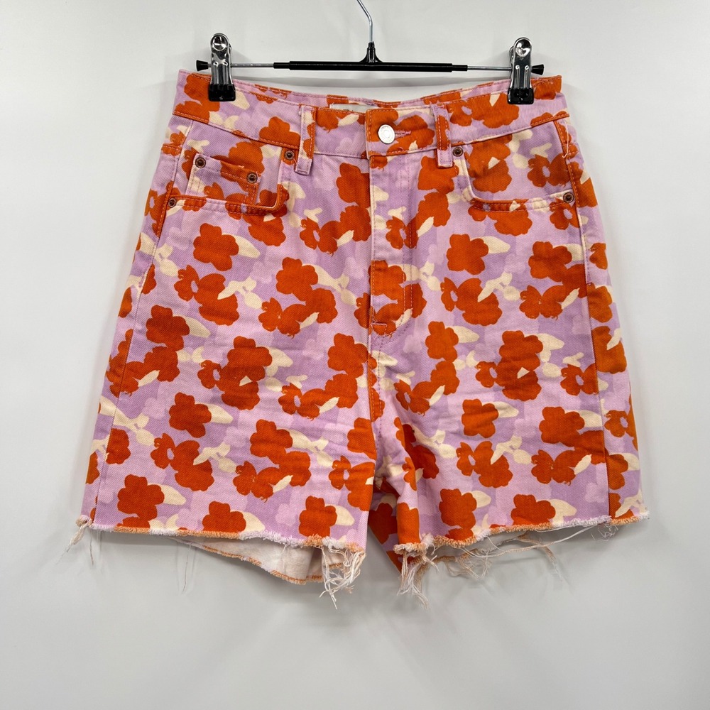 Zara Size 2 The 90's Short‎ Womens Purple Orange Floral High Rise Raw Hem Denim